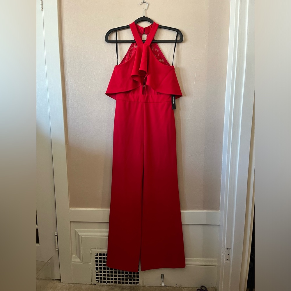 NWT bebe Halter Ruffle Lace red Jumpsuit 4